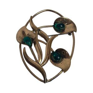 Vintage Calla Lily Art Nouveau Brass Floral Brooch Lapel Pin Green Stones MCM